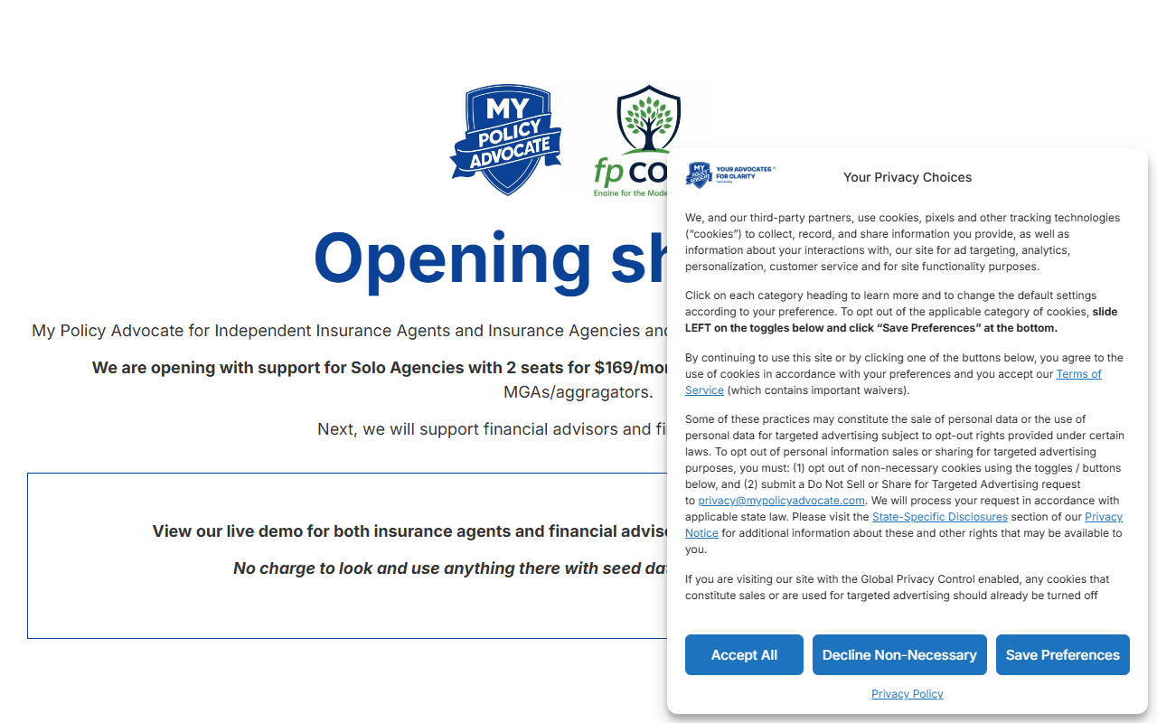 My Policy Advocate sponsor landing page advertised on Odd Lots