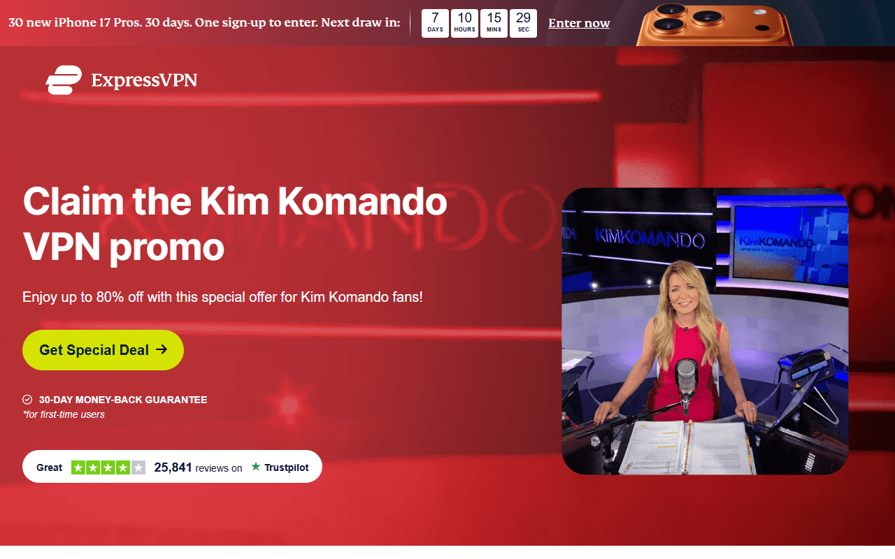 ExpressVPN sponsor landing page advertised on Kim Komando Daily Tech Update
