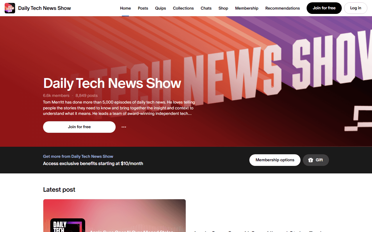 Patreon sponsor landing page advertised on Daily Tech News Show