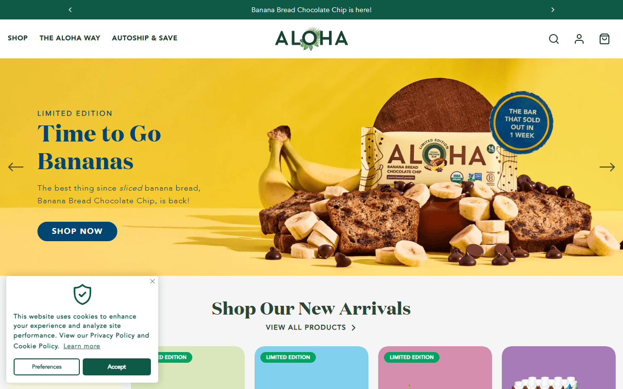 Aloha Protein Bars sponsor landing page advertised on Wiser Than Me with Julia Louis-Dreyfus