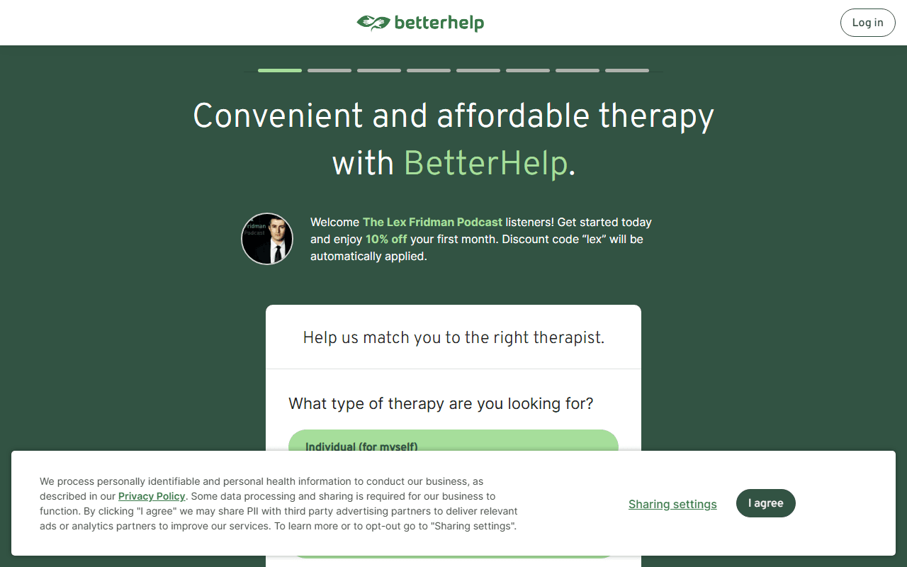 BetterHelp sponsor landing page advertised on Lex Fridman Podcast