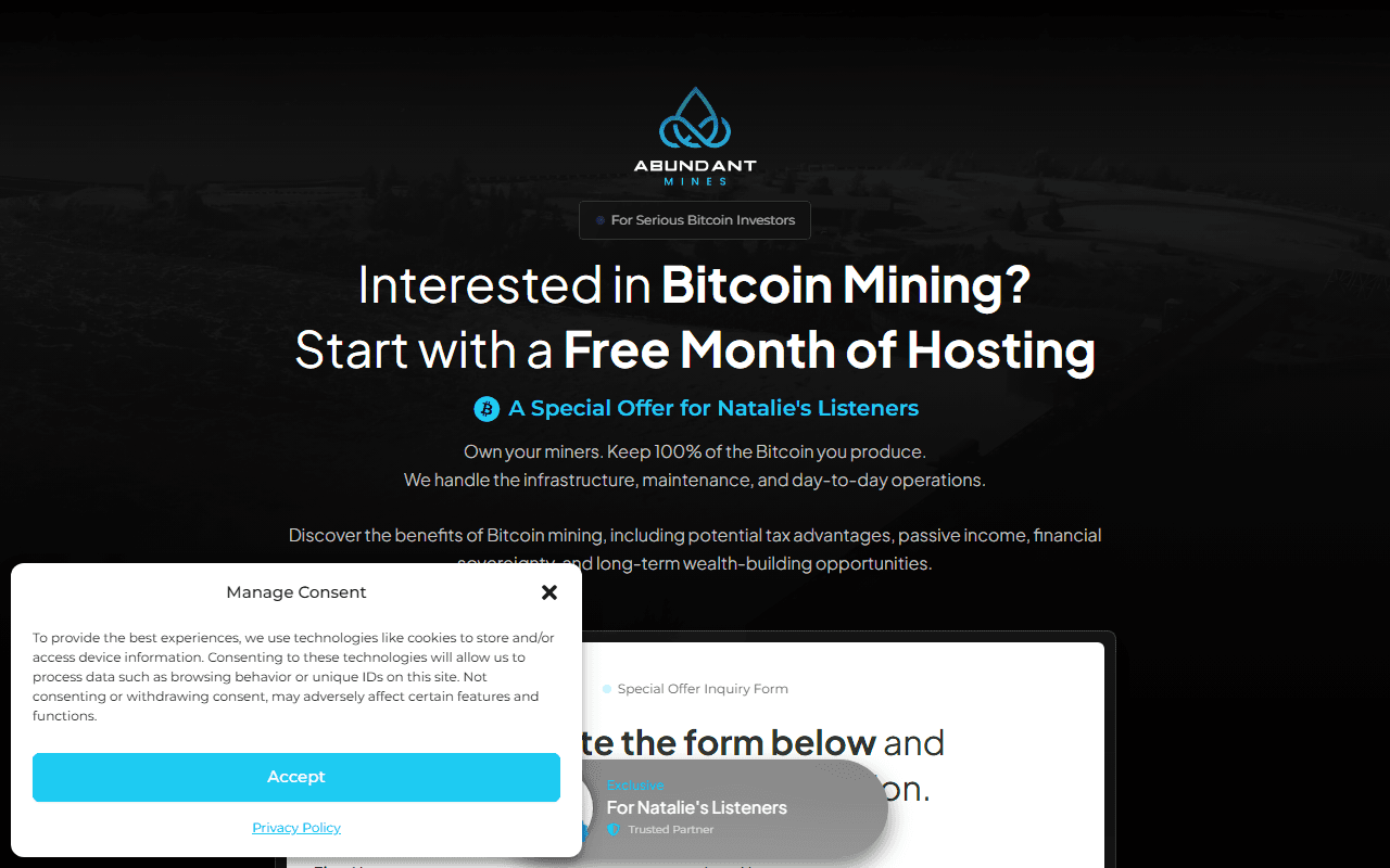Abundant Mines sponsor landing page advertised on Coin Stories with Natalie Brunell