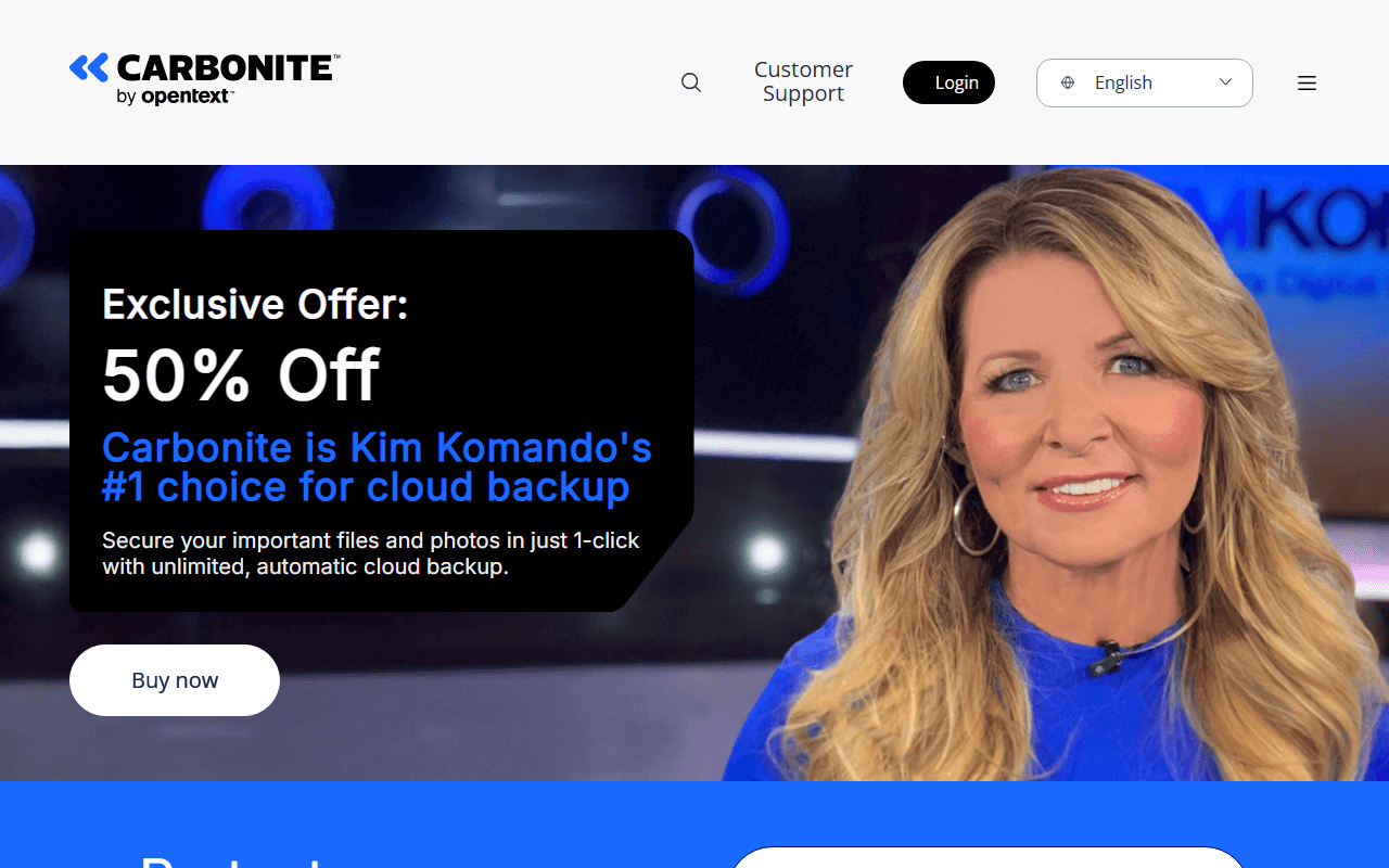 Carbonite sponsor landing page advertised on Kim Komando Daily Tech Update