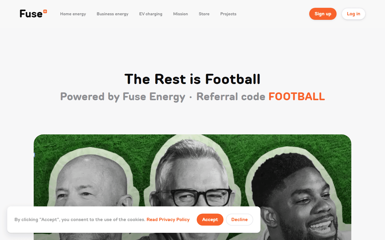 Fuse Energy sponsor landing page advertised on The Rest Is Football