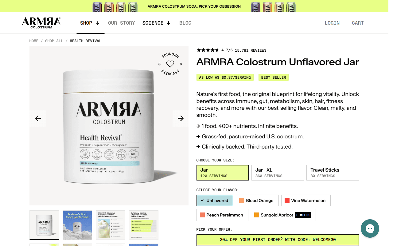 Armra Colostrum sponsor landing page advertised on The Megyn Kelly Show
