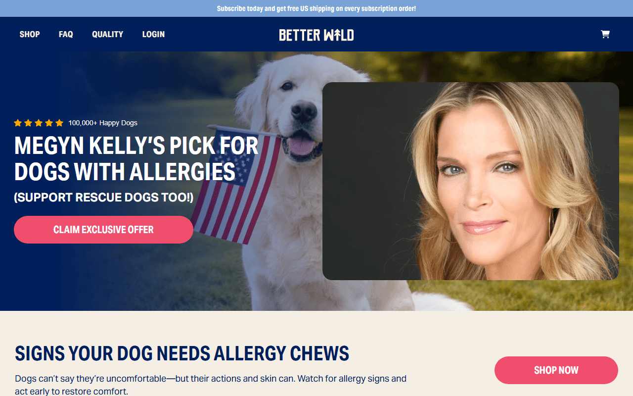Better Wild sponsor landing page advertised on The Megyn Kelly Show