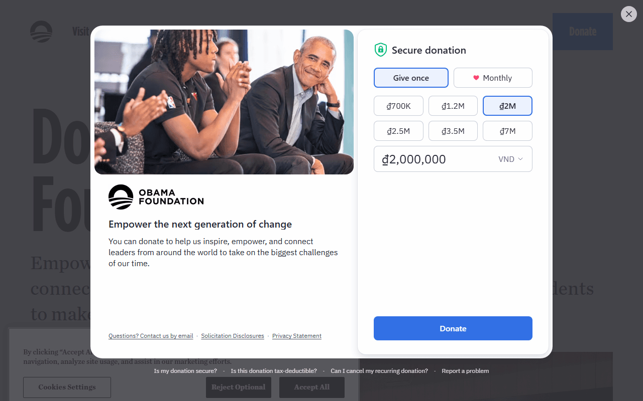 The Obama Foundation sponsor landing page advertised on Pod Save America