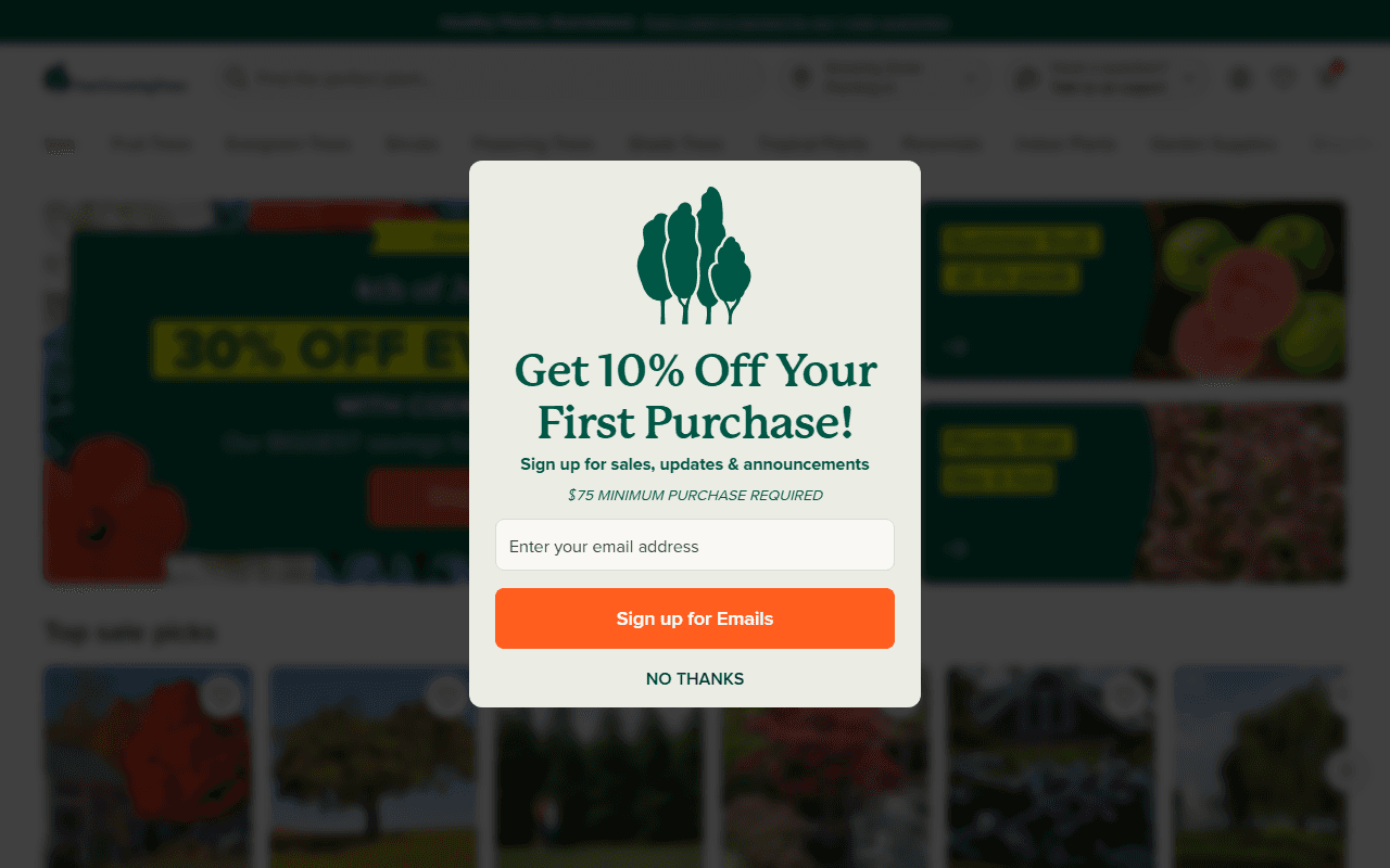 Fast Growing Trees sponsor landing page advertised on The Dan Bongino Show