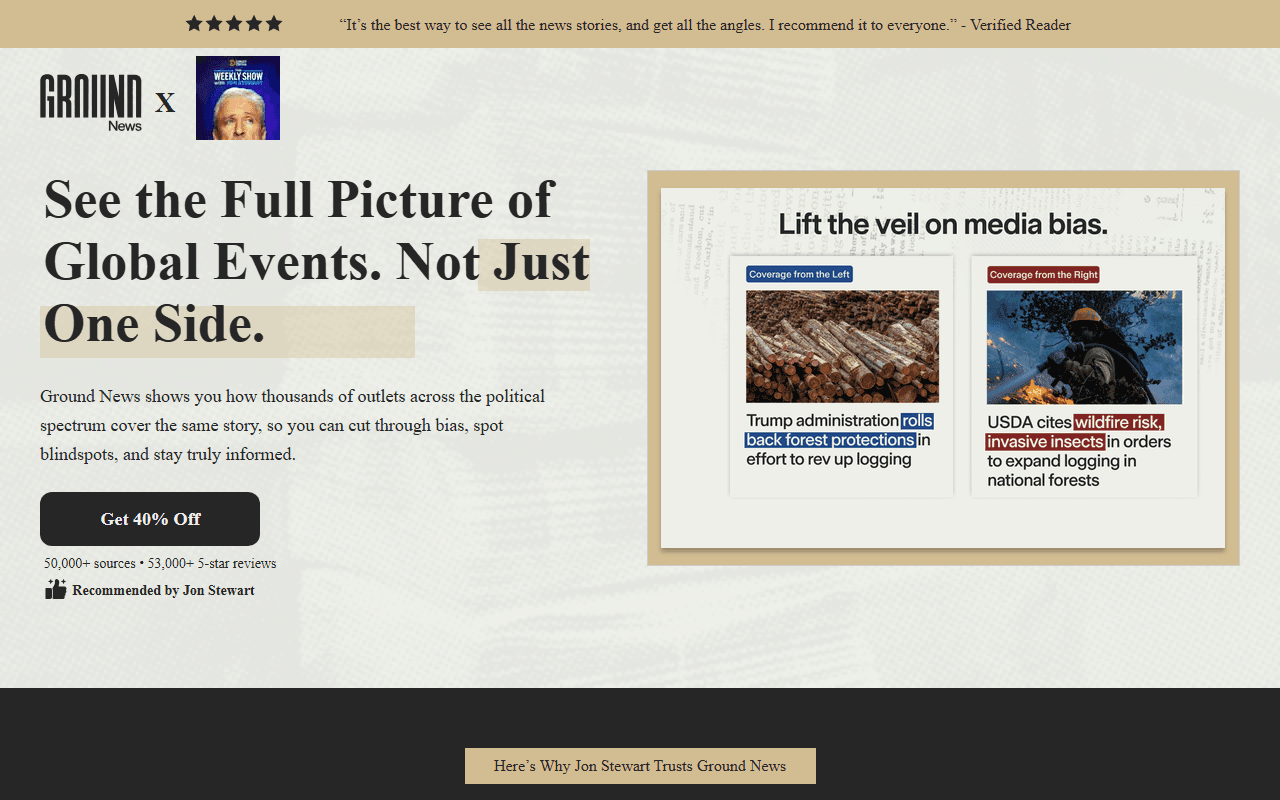 Ground News sponsor landing page advertised on The Jon Stewart Podcast