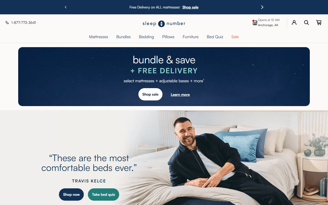 Sleep Number sponsor landing page advertised on New Heights with Jason and Travis Kelce