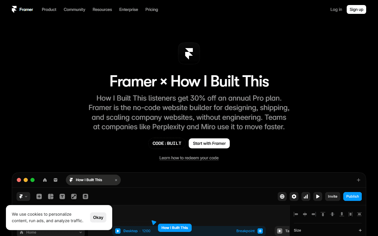 Framer sponsor landing page advertised on How I Built This with Guy Raz