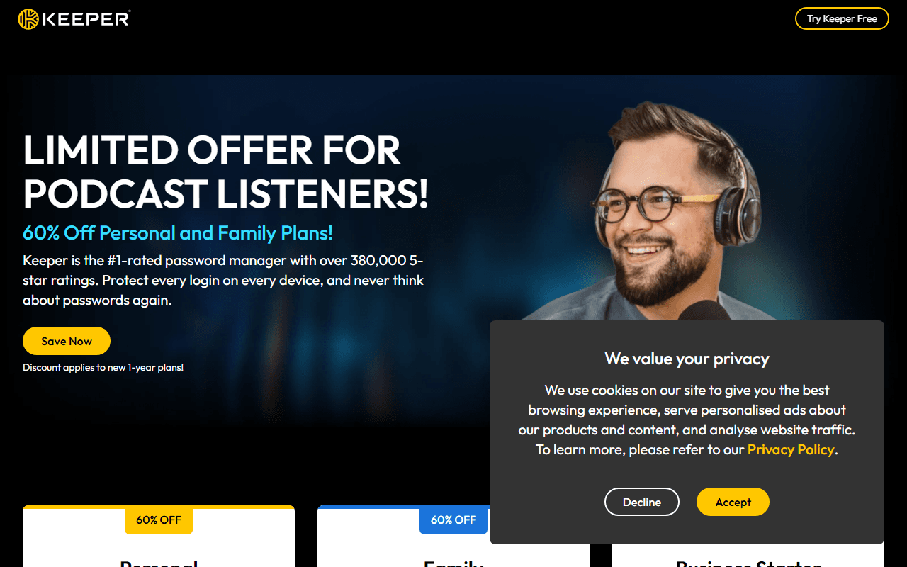 Keeper sponsor landing page advertised on Primary Technology