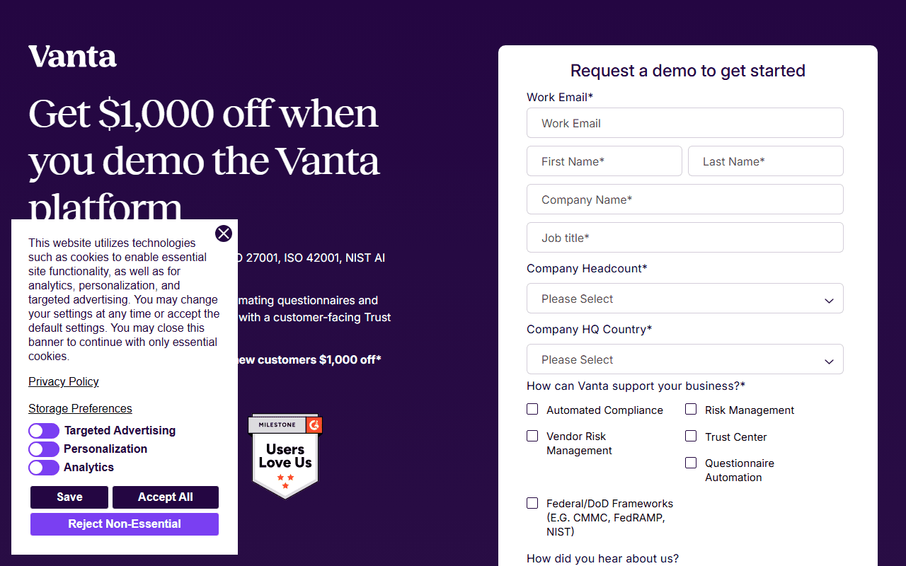 Vanta sponsor landing page advertised on Lenny's Podcast: Product | Growth | Career