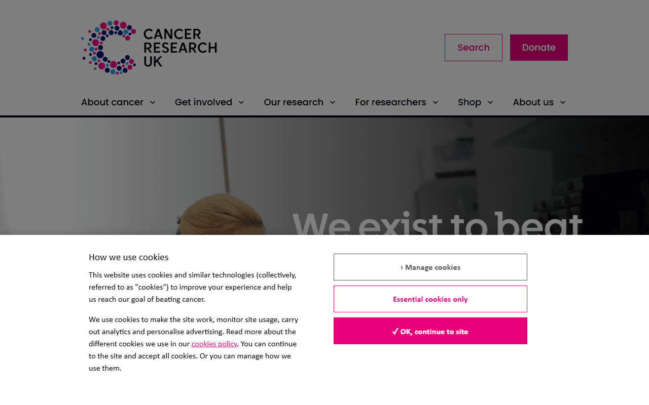 Cancer Research UK sponsor landing page advertised on The Rest Is Science
