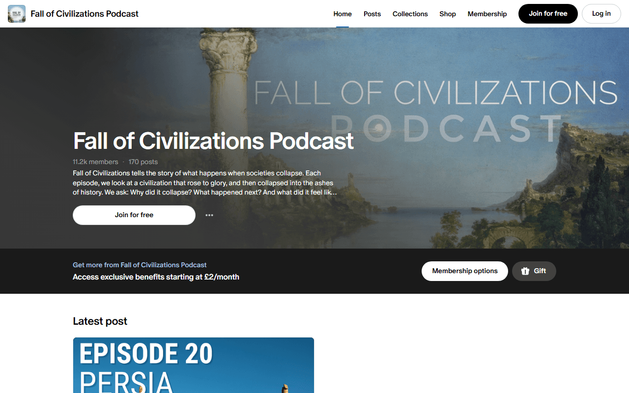 Patreon sponsor landing page advertised on Fall of Civilizations Podcast