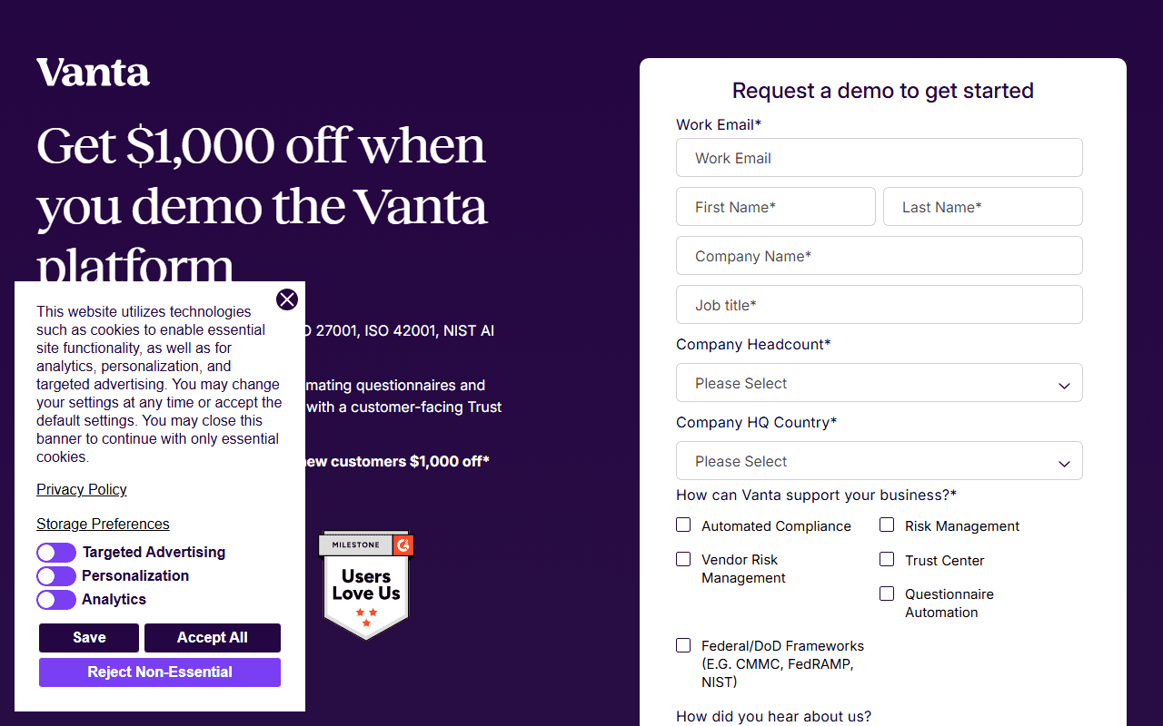 Vanta sponsor landing page advertised on Smashing Security