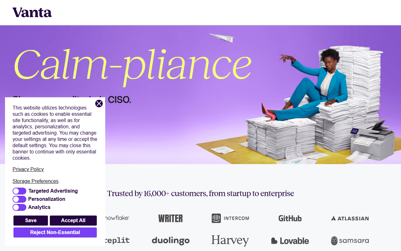 Vanta sponsor landing page advertised on Power User with Taylor Lorenz