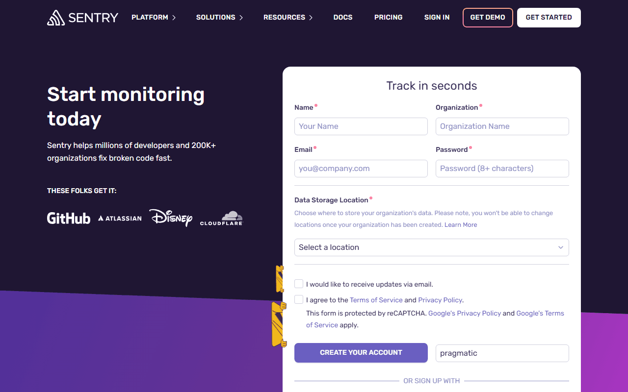 Sentry sponsor landing page advertised on The Pragmatic Engineer Podcast