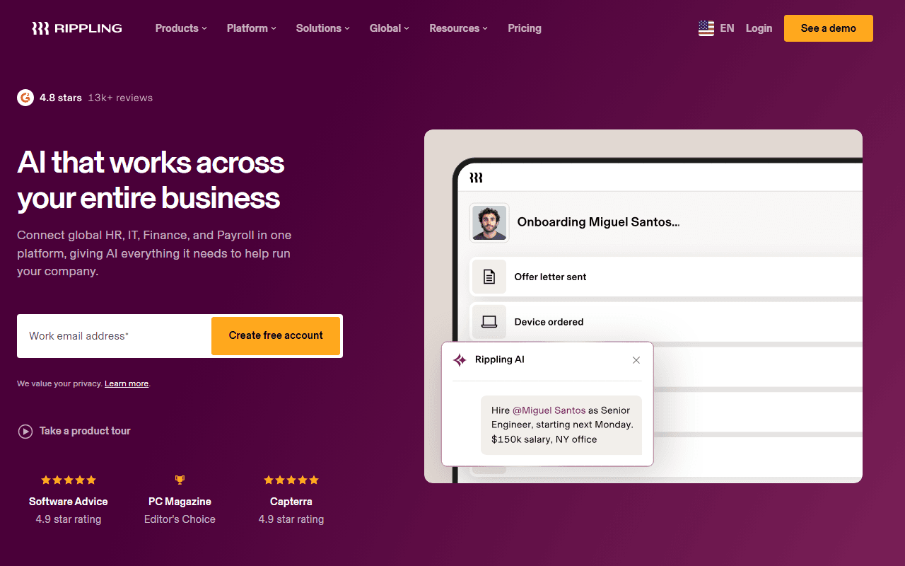 Rippling sponsor landing page advertised on The Vergecast
