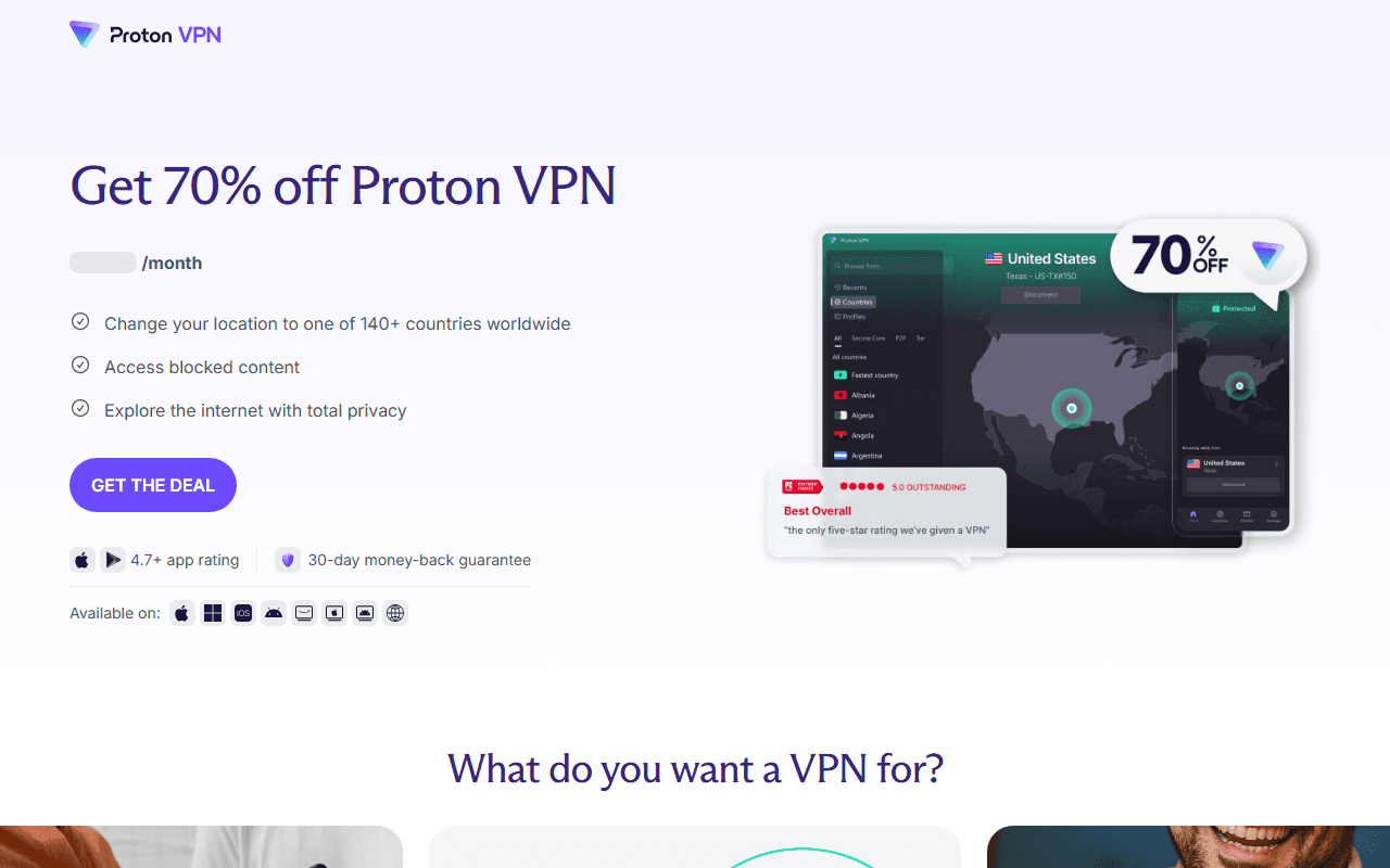 ProtonVPN sponsor landing page advertised on The Vergecast