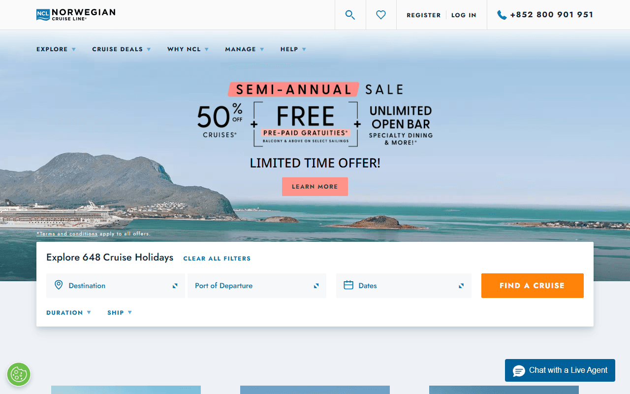 Norwegian Cruise Line sponsor landing page advertised on Prof G Markets