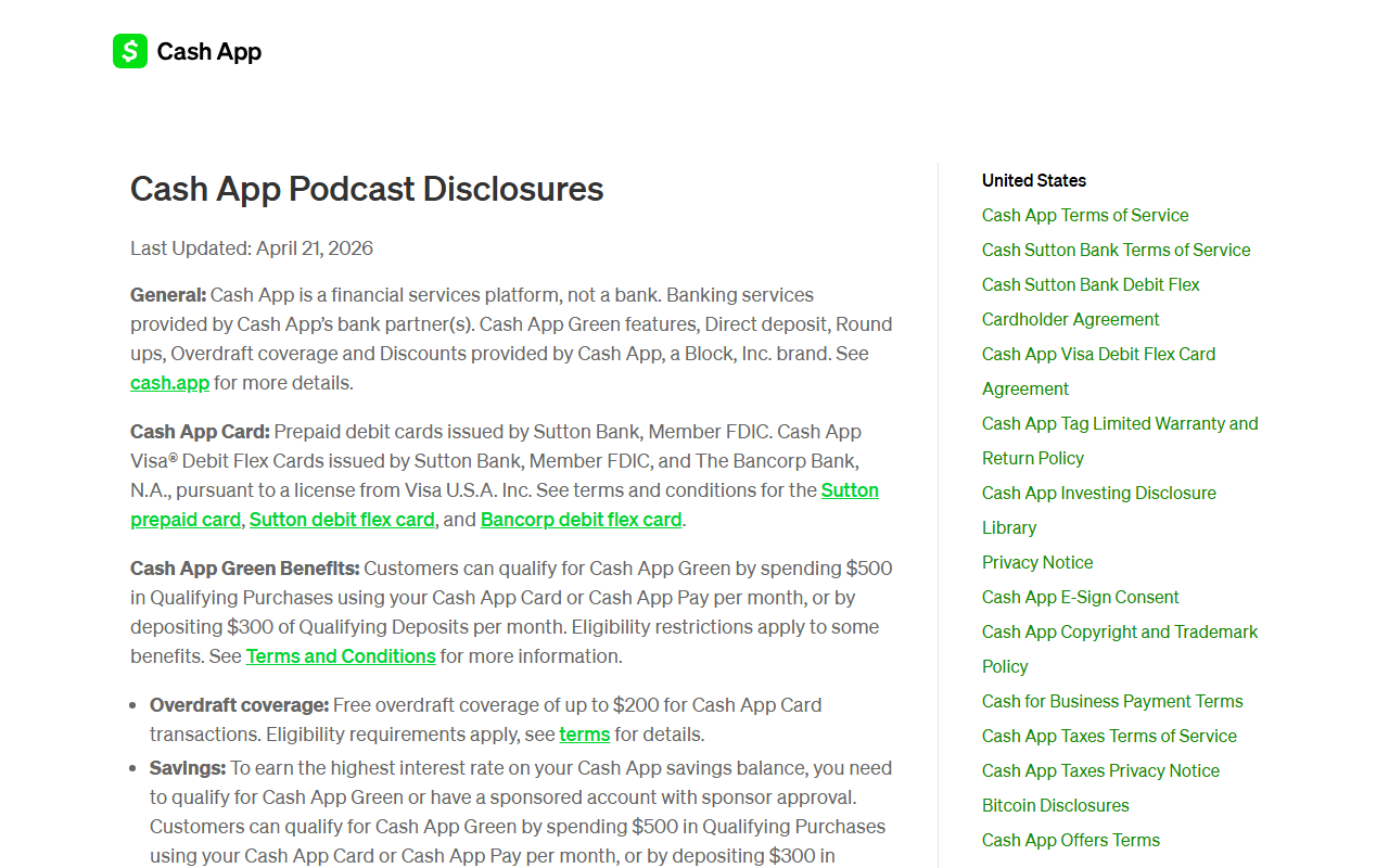 Cash App sponsor landing page advertised on Hidden Brain