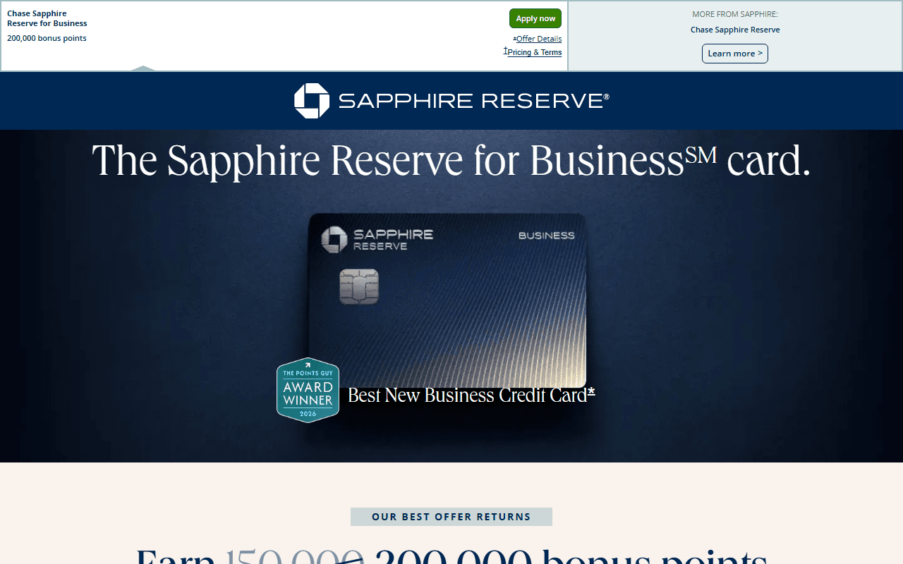 Chase Sapphire Reserve for Business sponsor landing page advertised on All The Smoke