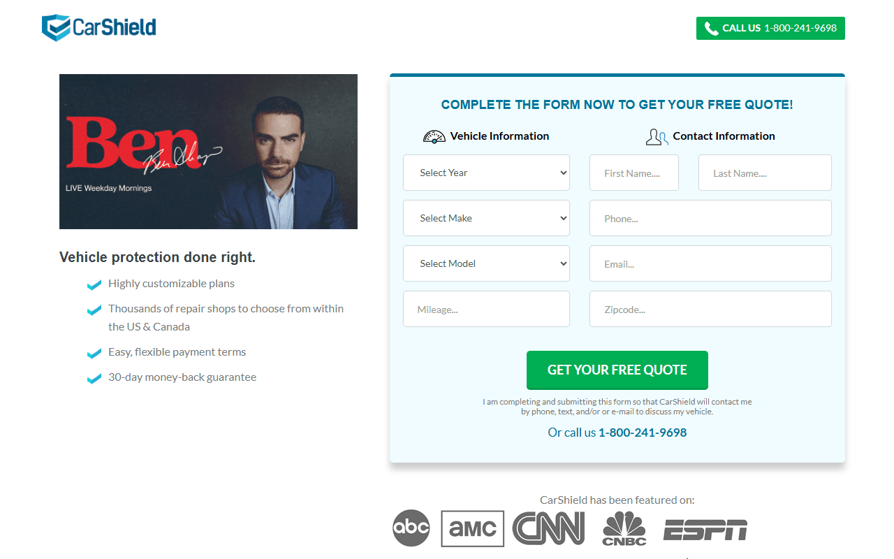 CarShield sponsor landing page advertised on The Ben Shapiro Show