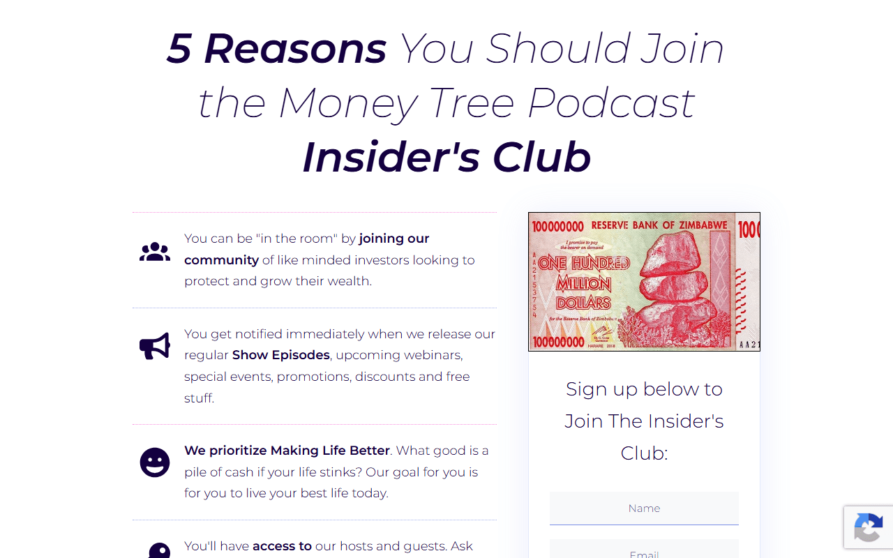 Money Tree Investing sponsor landing page advertised on Money Tree Investing