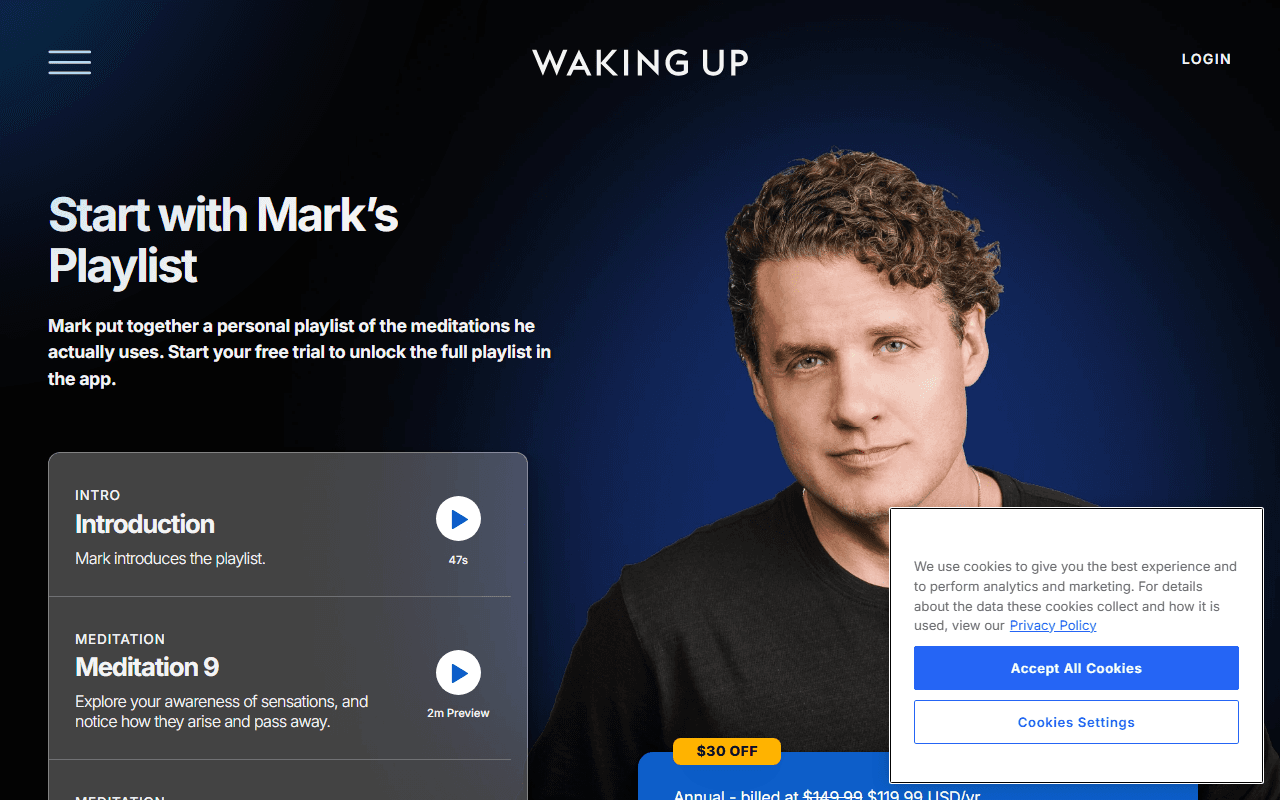 Waking Up sponsor landing page advertised on The Subtle Art of Not Giving a F*ck Podcast