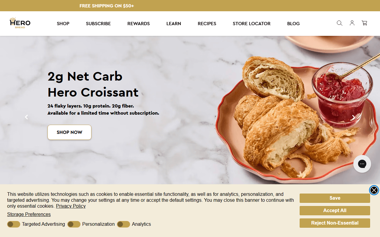 Hero Bread sponsor landing page advertised on Breaking Points with Krystal and Saagar