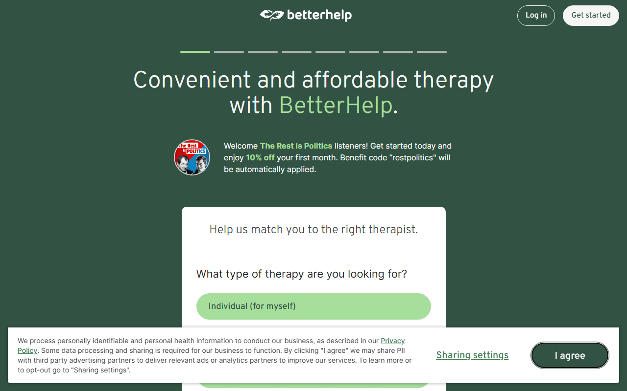 BetterHelp sponsor landing page advertised on The Rest Is Politics