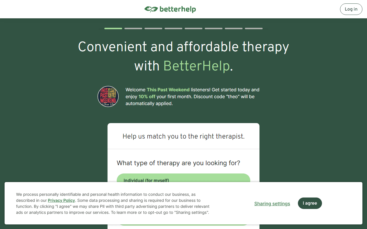 BetterHelp sponsor landing page advertised on This Past Weekend w/ Theo Von