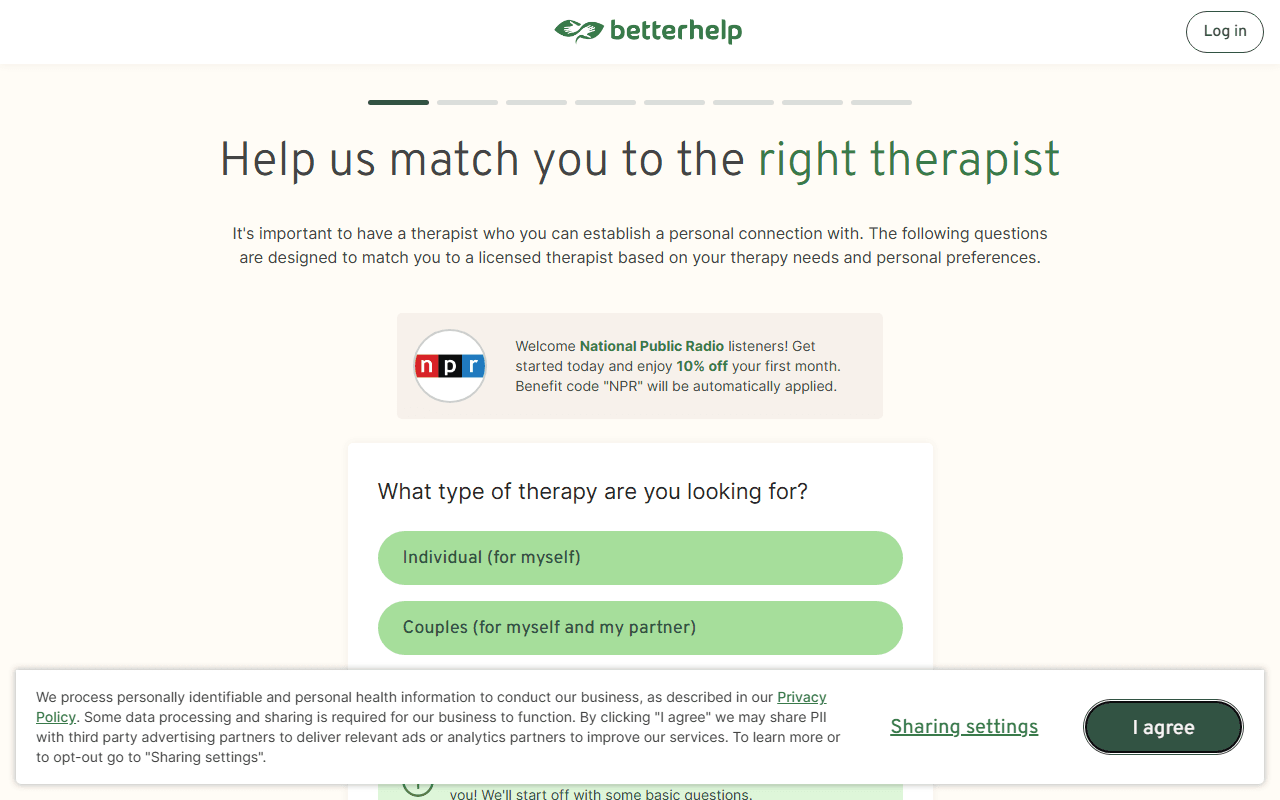 BetterHelp sponsor landing page advertised on TED Radio Hour