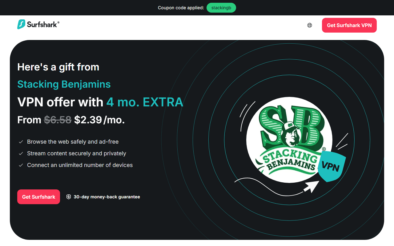Surfshark sponsor landing page advertised on The Stacking Benjamins Show