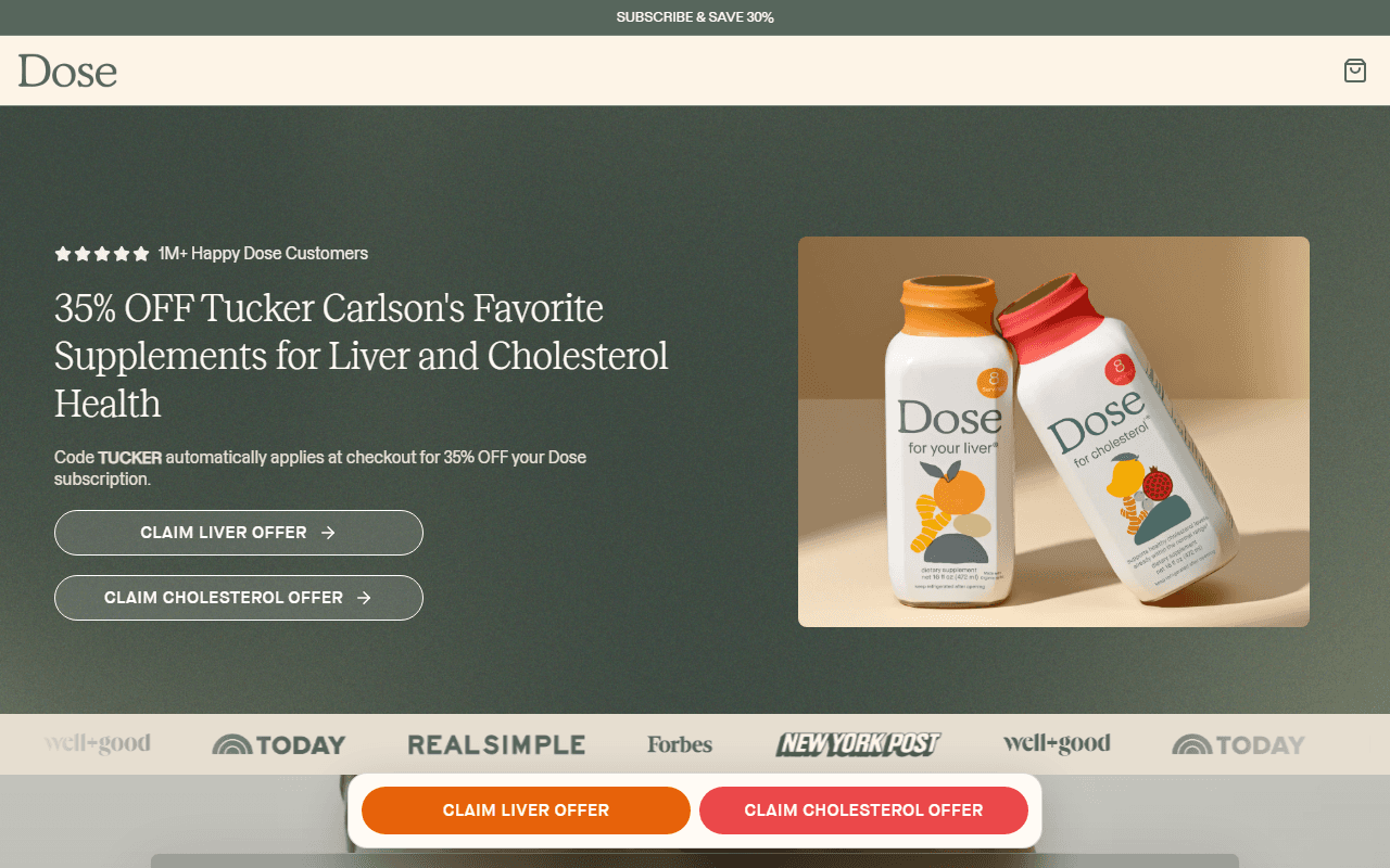 Dose sponsor landing page advertised on The Tucker Carlson Podcast