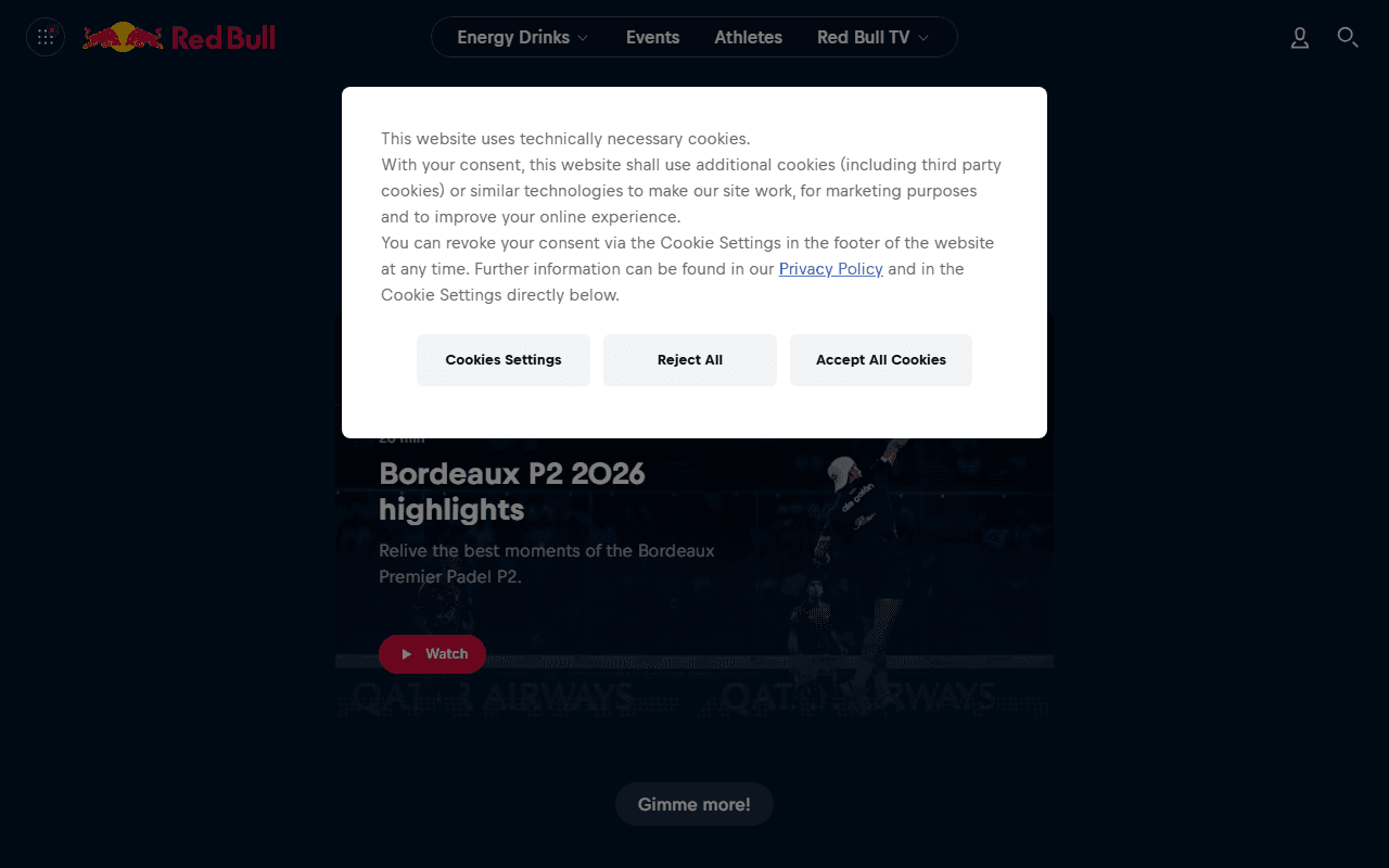 Red Bull sponsor landing page advertised on Served with Andy Roddick
