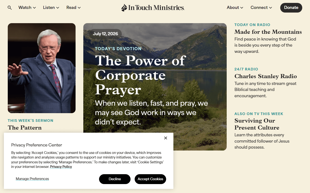 In Touch Ministries sponsor landing page advertised on The Ben Shapiro Show
