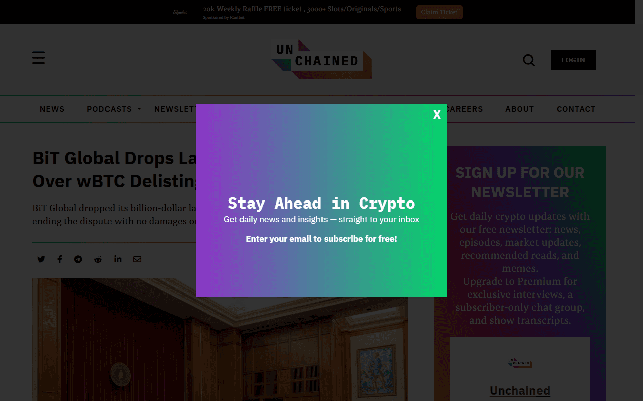 The Unchained Daily sponsor landing page advertised on Unchained
