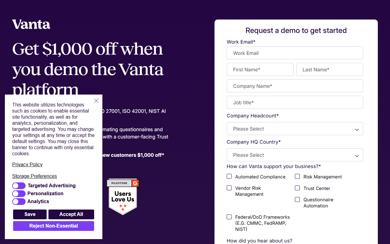 Vanta sponsor landing page advertised on Lenny's Podcast: Product | Growth | Career