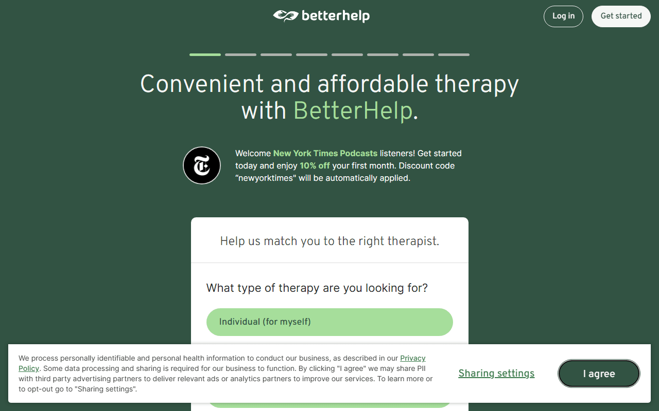 BetterHelp sponsor landing page advertised on The Daily