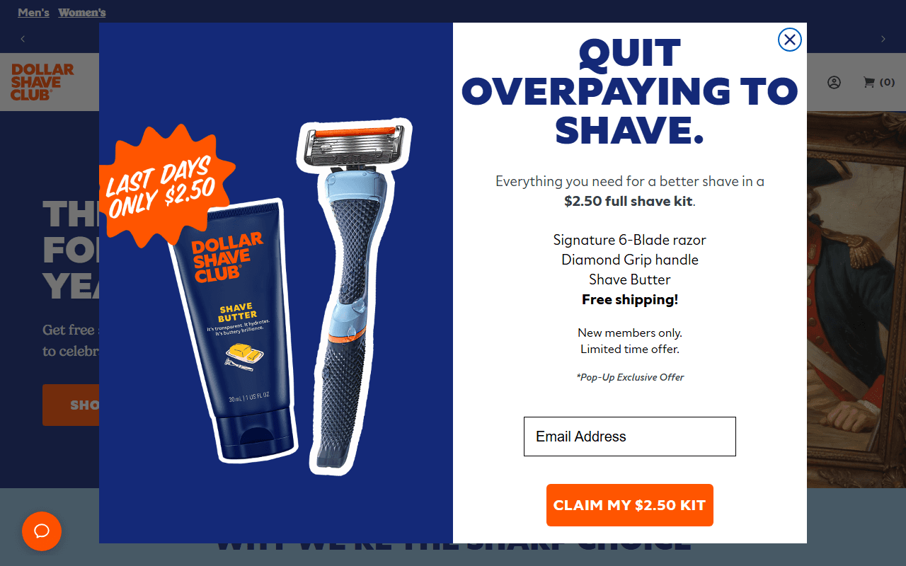 Dollar Shave Club sponsor landing page advertised on Adam Carolla Show