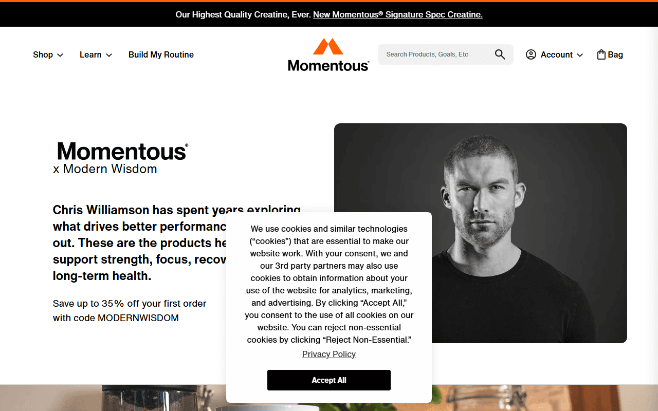 Momentous sponsor landing page advertised on Modern Wisdom