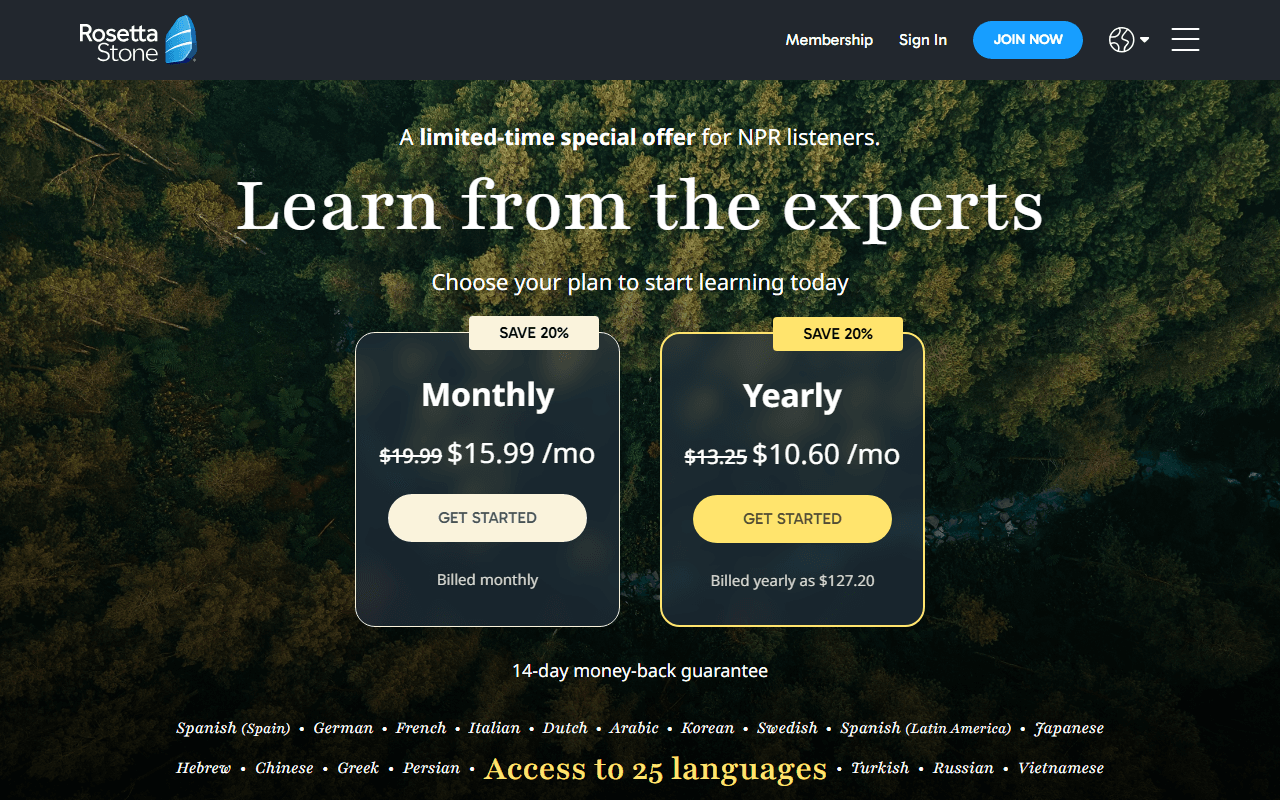 Rosetta Stone sponsor landing page advertised on Pop Culture Happy Hour