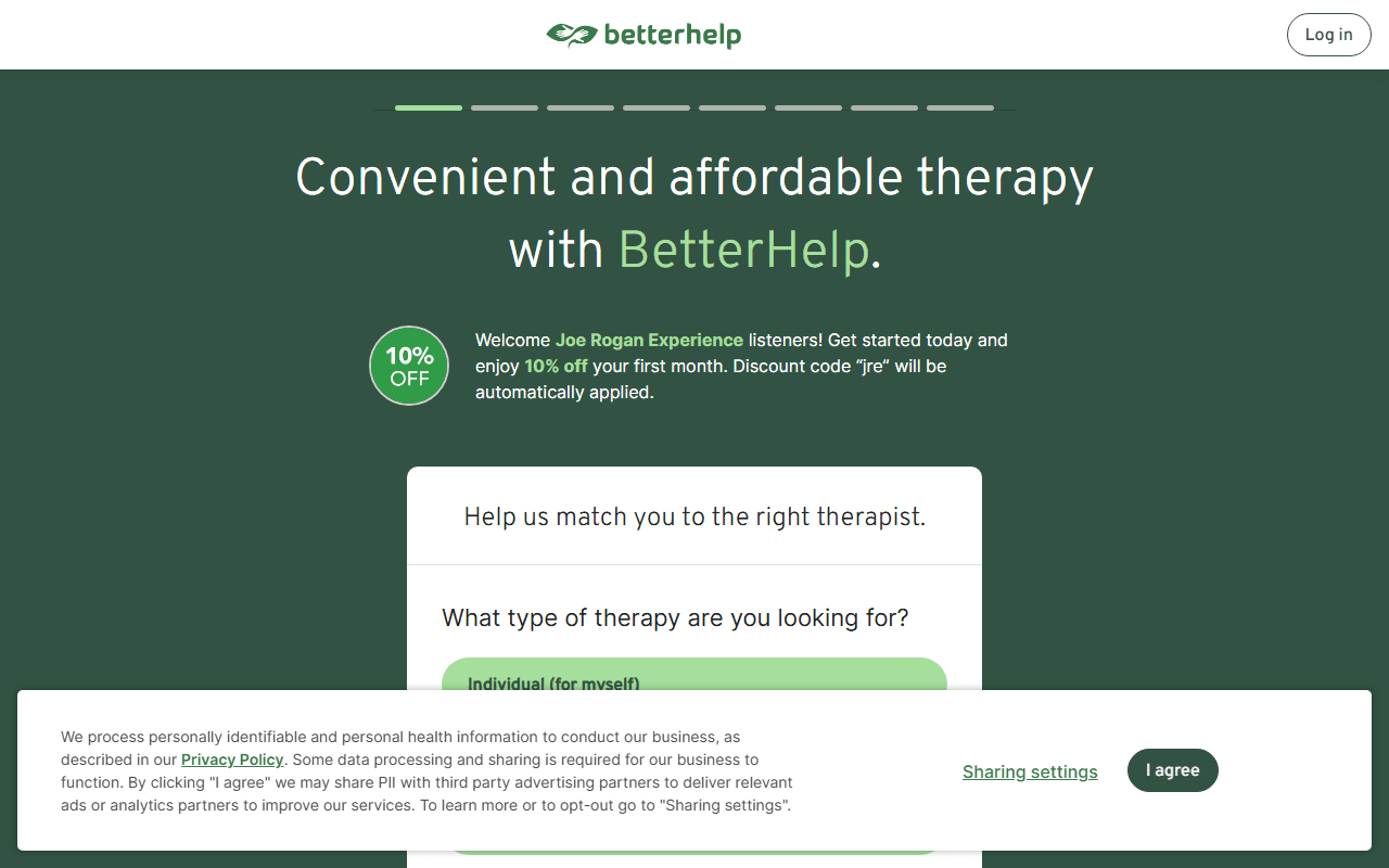 BetterHelp sponsor landing page advertised on The Joe Rogan Experience