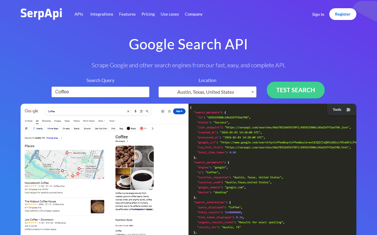SERP API sponsor landing page advertised on Techmeme Ride Home