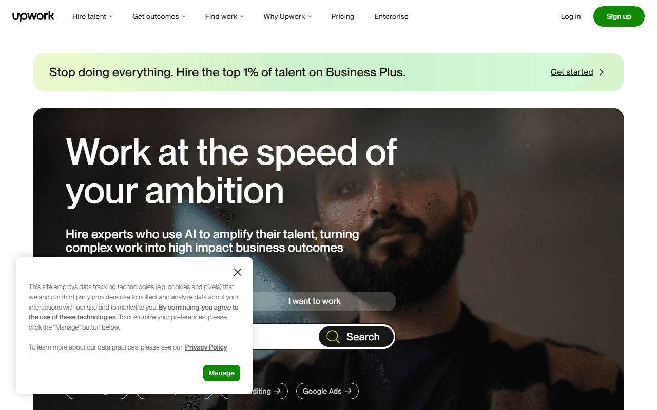 Upwork sponsor landing page advertised on The Vergecast