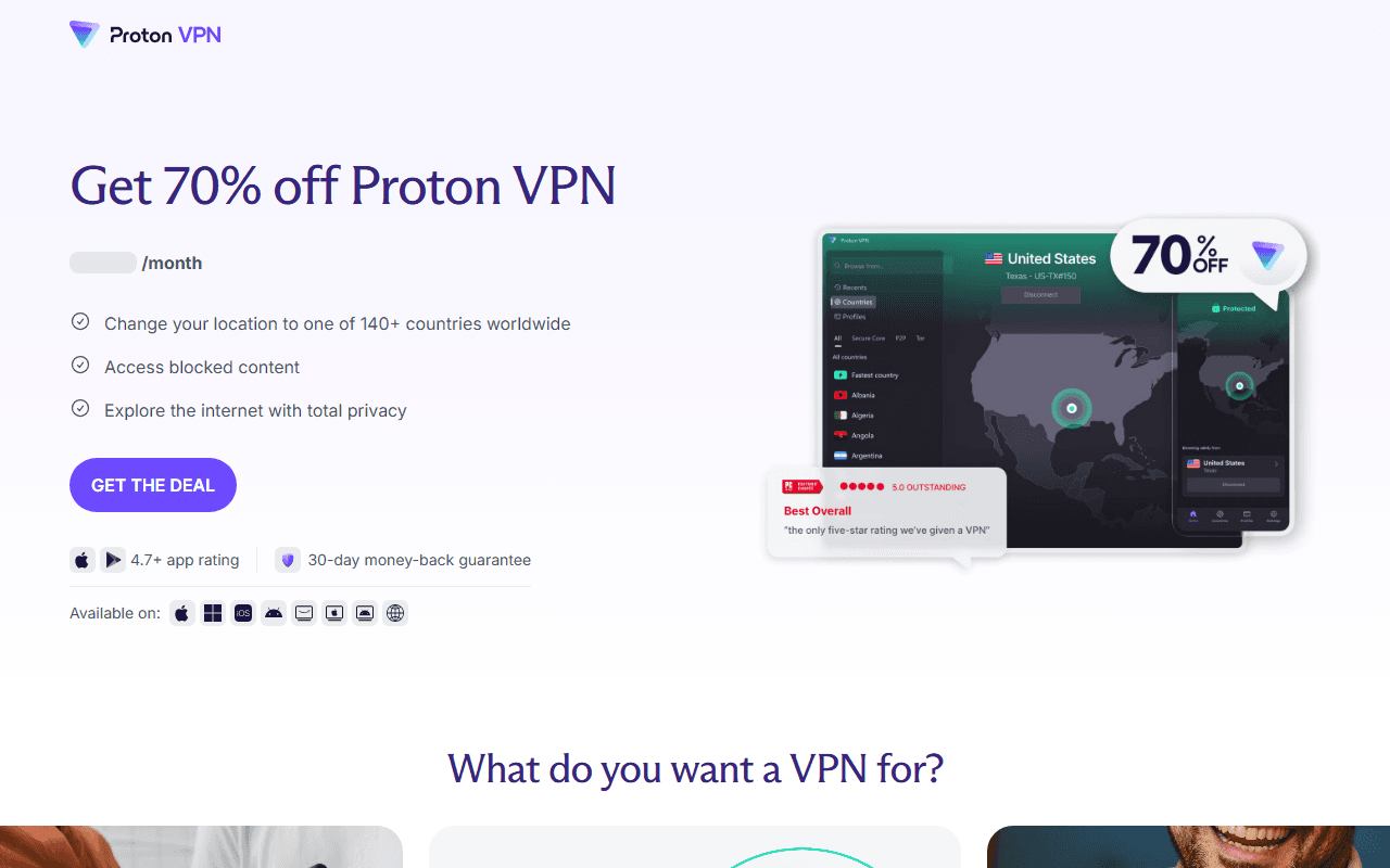 ProtonVPN sponsor landing page advertised on The Vergecast