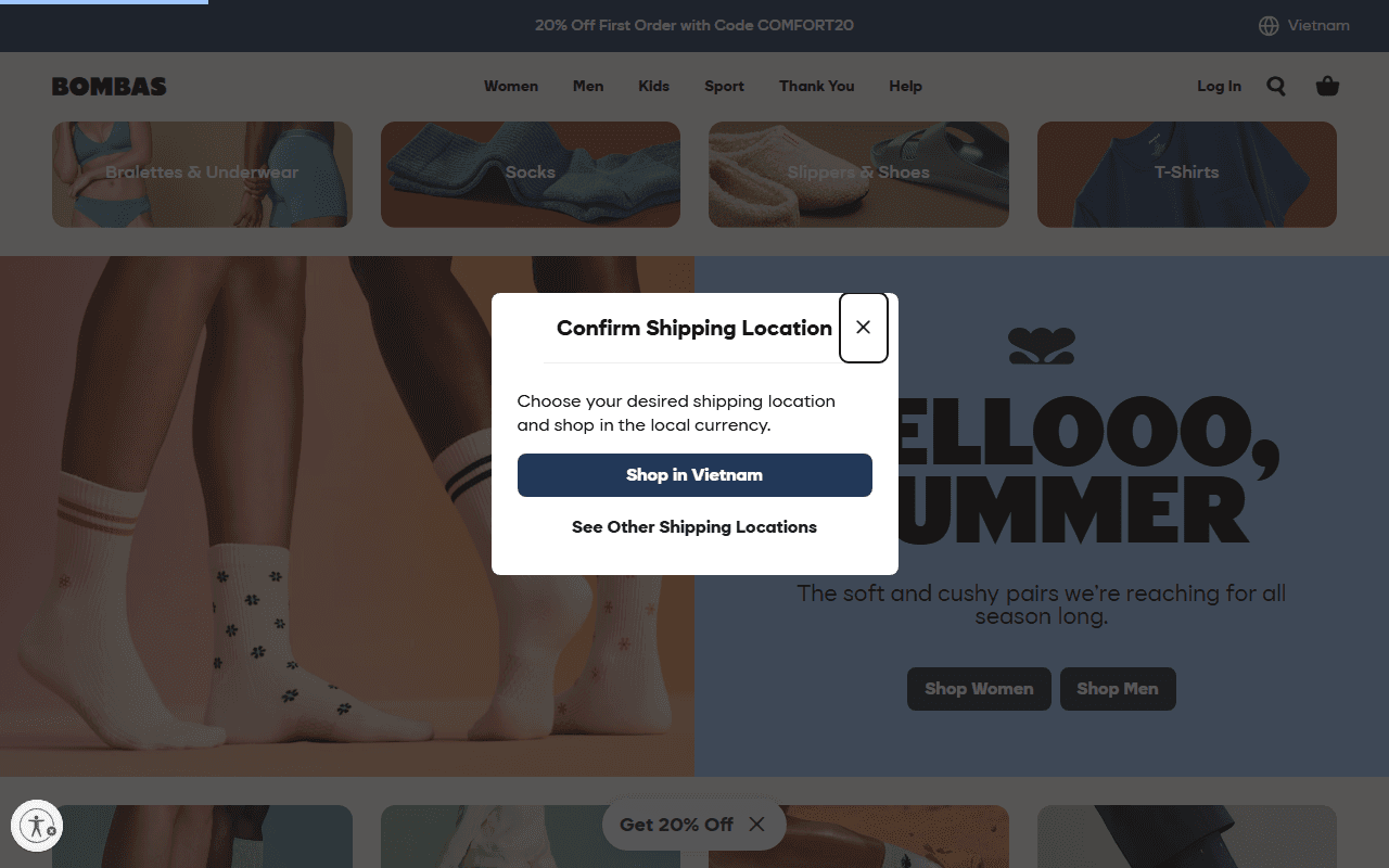 Bombas sponsor landing page advertised on Stuff You Should Know