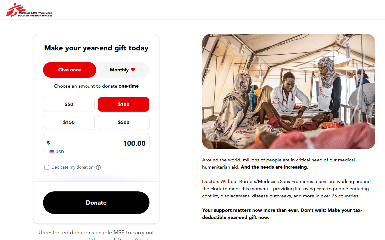 Doctors Without Borders sponsor landing page advertised on NPR News Now